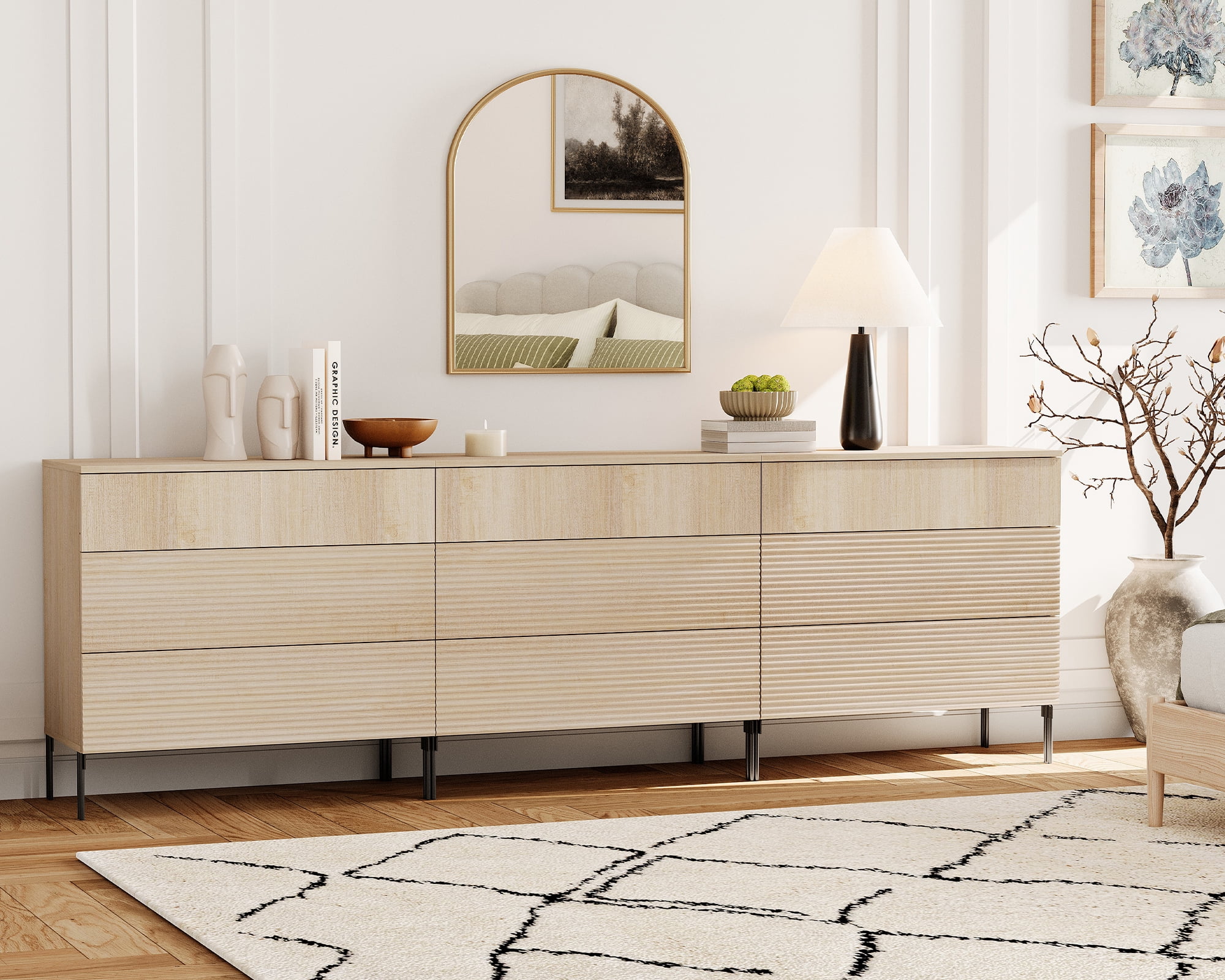 3 Drawer Dresser Set of 3 for Bedroom, Minimalist Chest of Drawers with Storage, 9 Drawer Dresser with Reeded Design, Wooden Modern Dresser for Living Room, Bedroom, Entryway