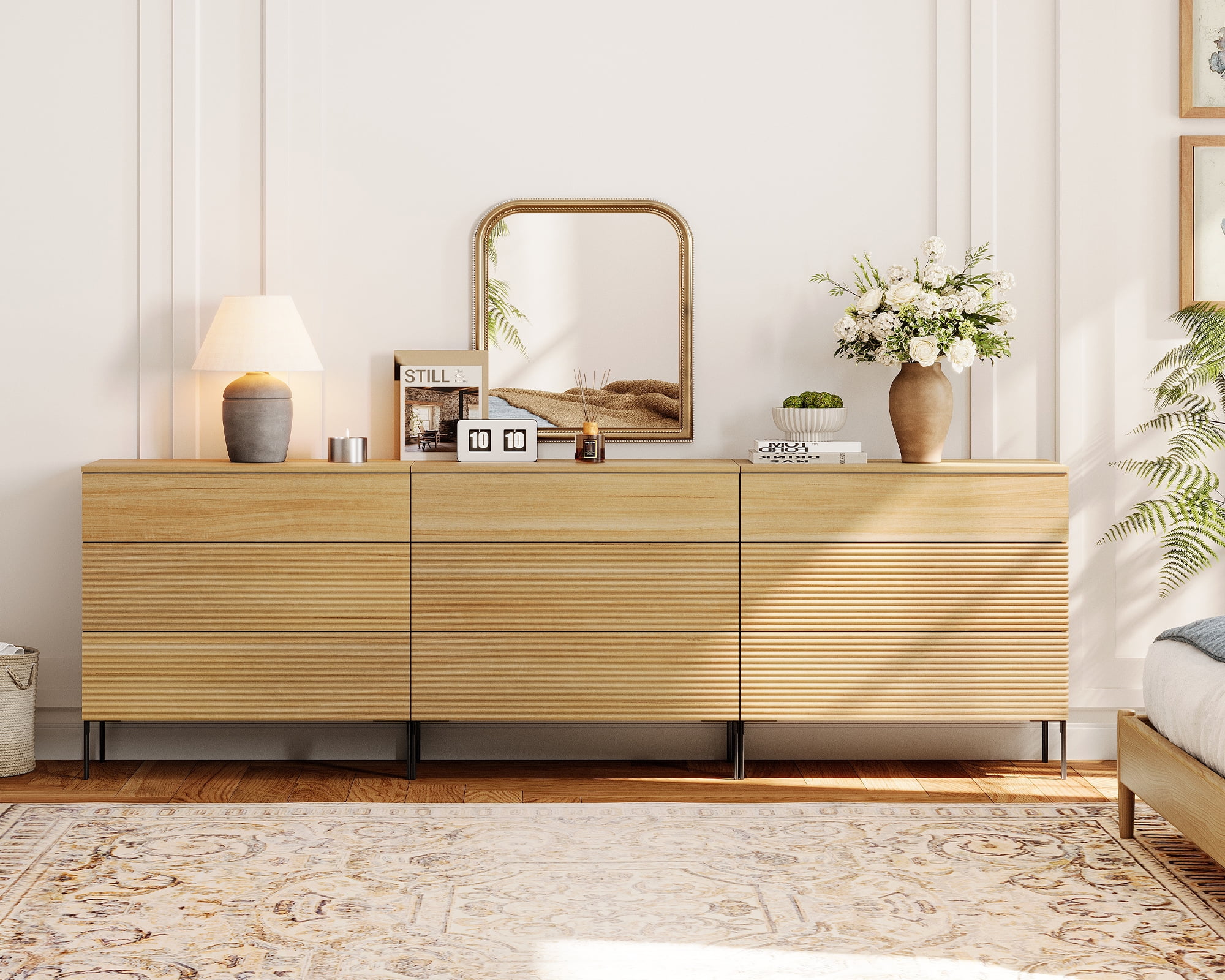 3 Drawer Dresser Set of 3 for Bedroom, Minimalist Chest of Drawers with Storage, 9 Drawer Dresser with Reeded Design, Wooden Modern Dresser for Living