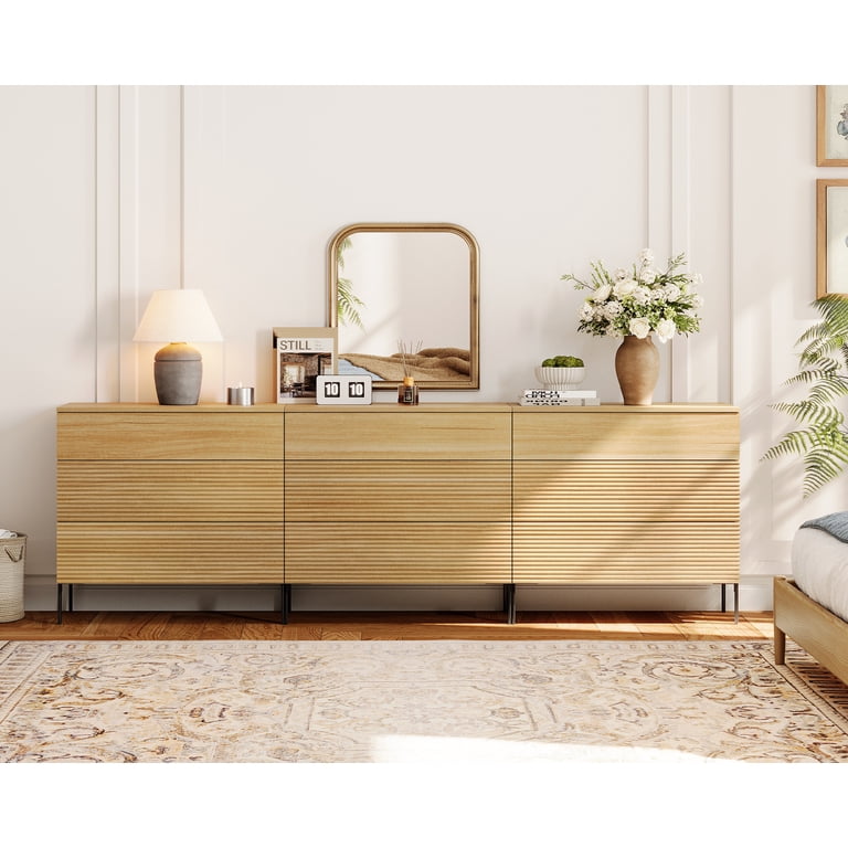 3 drawer dresser wood Nathan James Kova 3 Drawer 37 in. W Bohemian Dresser Storage Cabinet with Rattan Accent and Metal Legs, Light Oak/Black main image 0