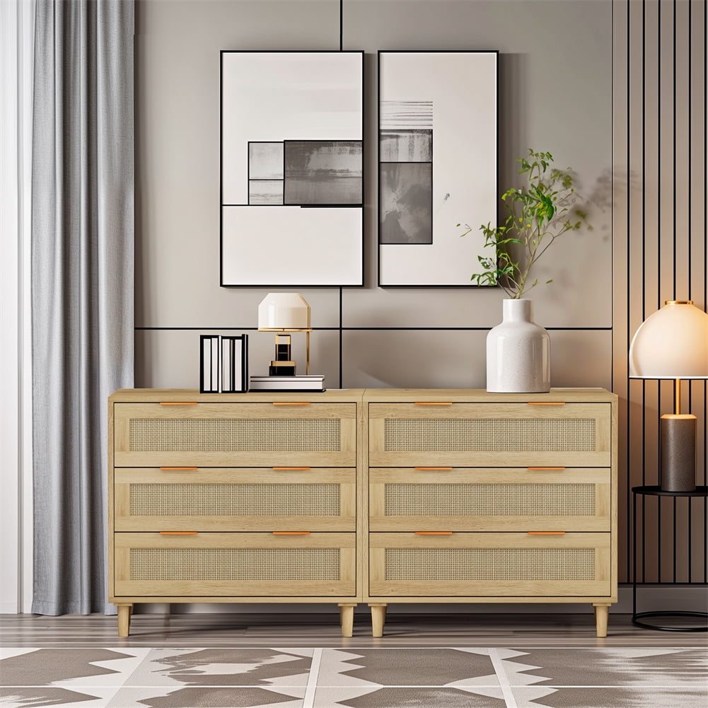 Oak and Rattan 3-Drawer Storage Cabinet Set with Deep Drawers