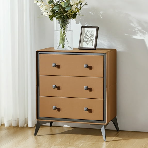 28 Tall Leather Fabric Dresser Waterproof for Bedroom with 3-Drawer End Table for Closet Entryway Camel