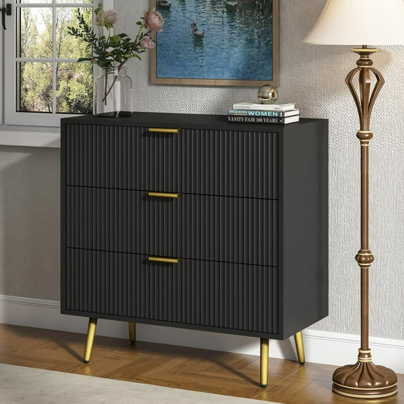 3 Drawer Dresser for Bedroom, Modern Dressers Chest of Drawers with Fluted Panel, Living Room, Black