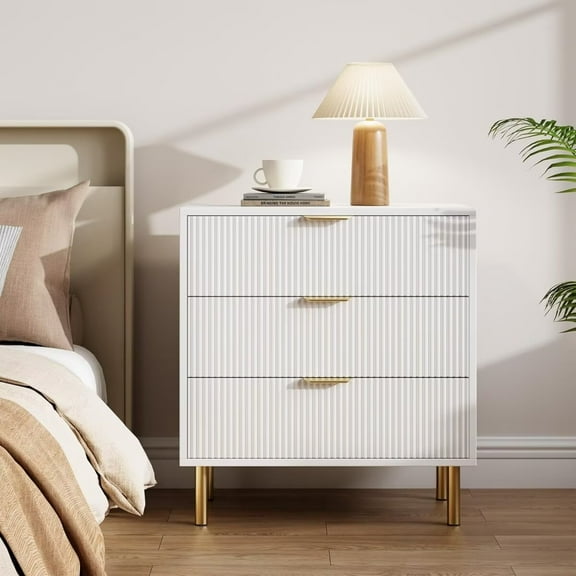 3 Drawer Dresser for Bedroom, Modern Wood Nightstand Chest of Drawers with Gold Metal Handles & Anti-Tipping Device for Hallway, Entryway, White