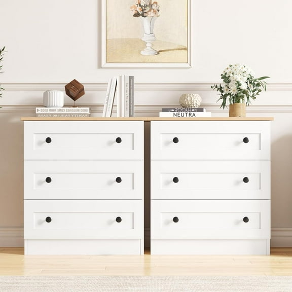 3 Drawer Dresser for Bedroom Set of 2, Small Dressers, Farmhouse Chest of Drawers, Storage Dresser Cabinet Side Table for Living Room, Hallway, White