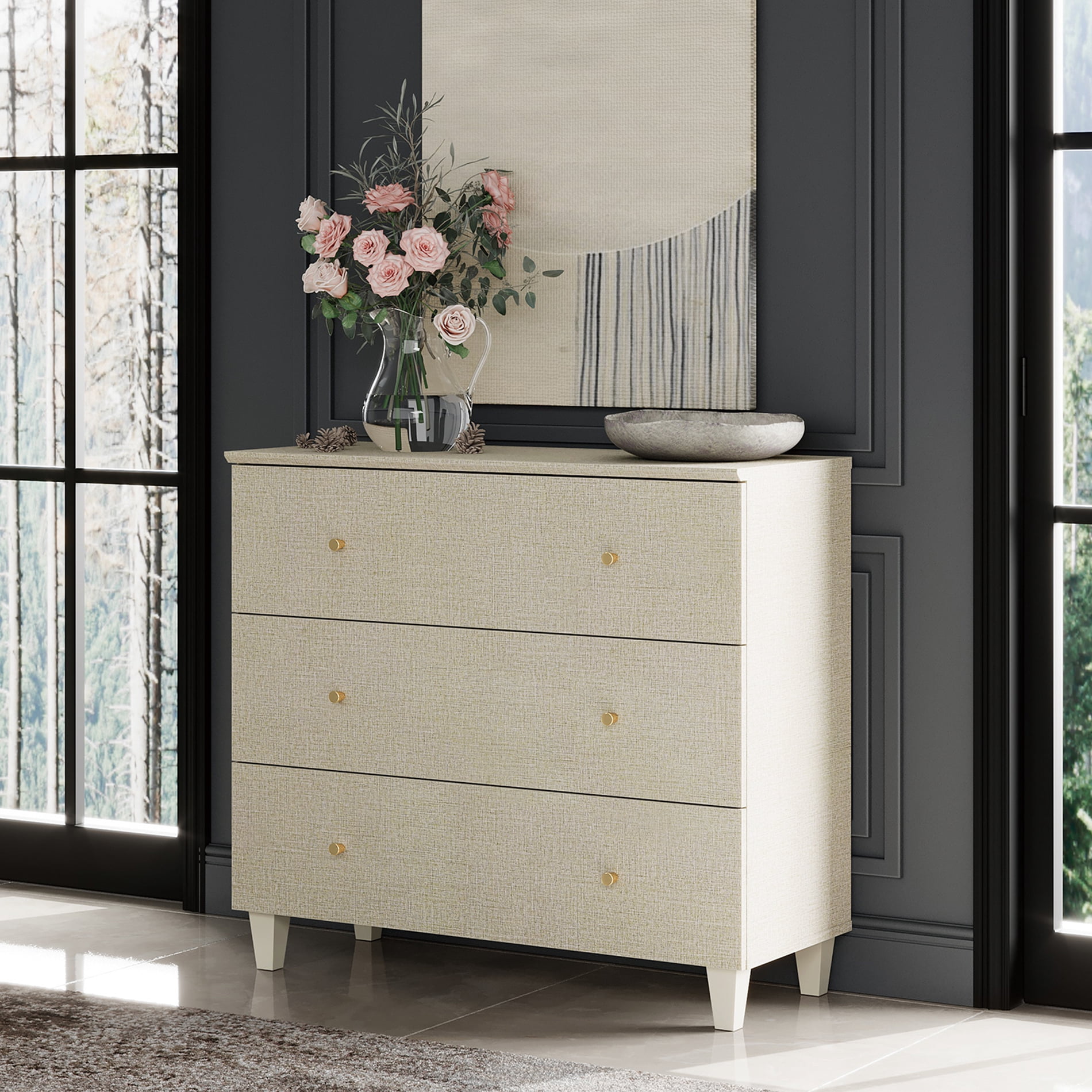 3-Drawer Dresser for Bedroom, Wood Bachelors Chest, 35.4 Inches Wide Chest of Drawer for Closet Organizer, Beige Faux Linen