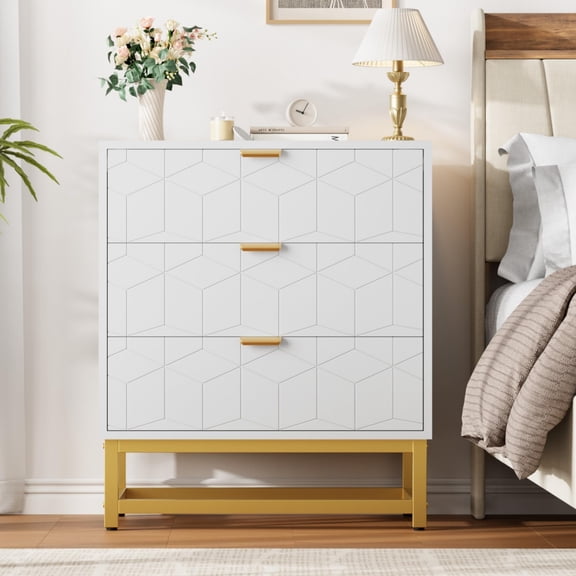 3 Drawer Dresser with Gold Handles - Wood Chest of Drawers, Modern Bedside Nightstand Table with Storage for Bedroom, Closet, Nursery, Living Room