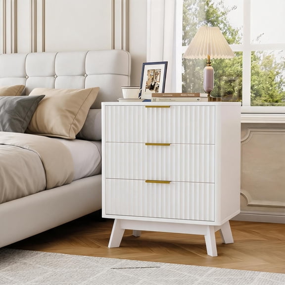 3 Drawer Engineered Wood Bedside Table With Fluted Drawer Panels For Bedroom Living Room Storage