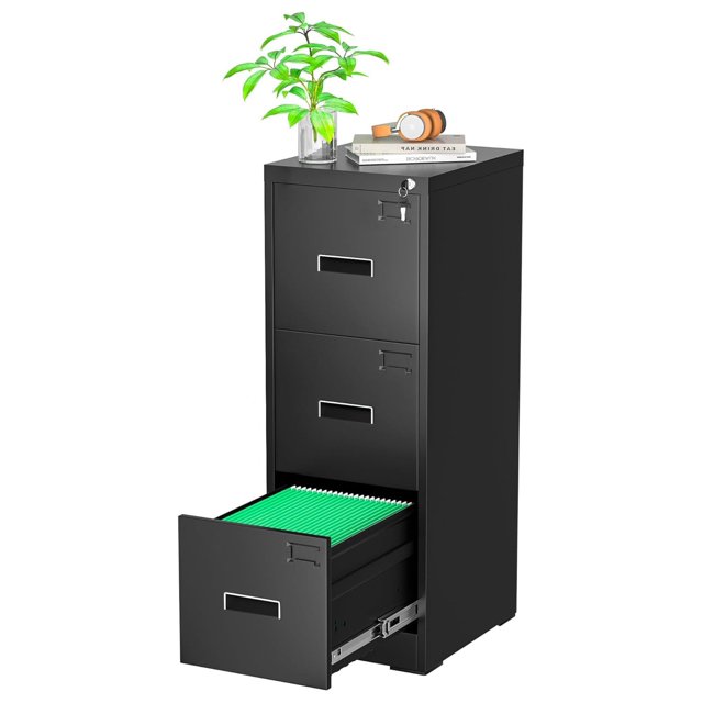 3 Drawer File 18” D Vertical File with Lock, Black