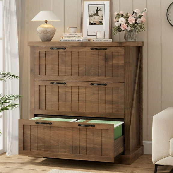 3 Drawer File Cabinet, Farmhouse Filing Cabinet Fits Letter/Legal/A4 Size, Wood File Cabinet with Printer Stand for Home Office, Retro Style for Living Room, Brown