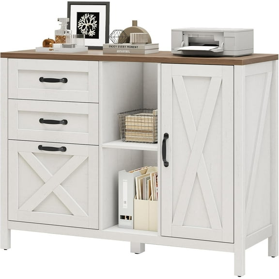 3 Drawer File Cabinet, Farmhouse Style Lateral Filing Cabinet Suitable for Letter or A4 Size Files, Wooden Home Office Storage with Adjustable Shelf and Printer Stand, Rustic White