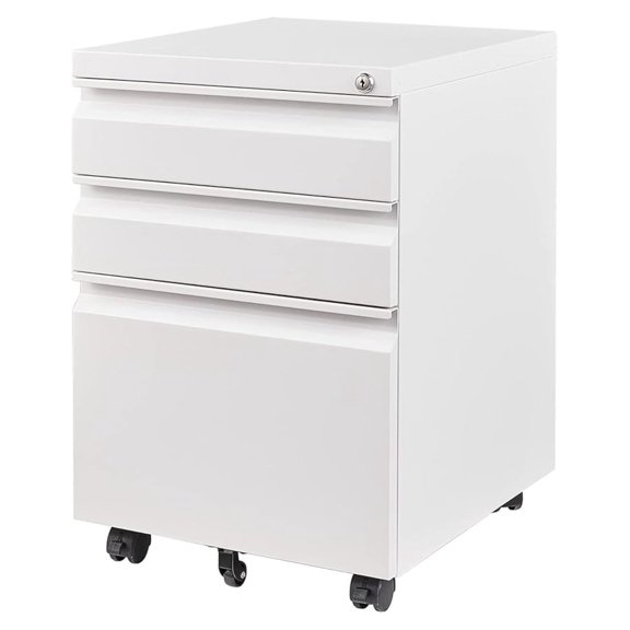 3 Drawer File Cabinet, Fully Assembled Mobile File Cabinets with Lock for Home Office, Metal Rolling Filing Caninet on Wheels, Three Drawer Under Desk Cabnet for Letter/Legal / A4 - White