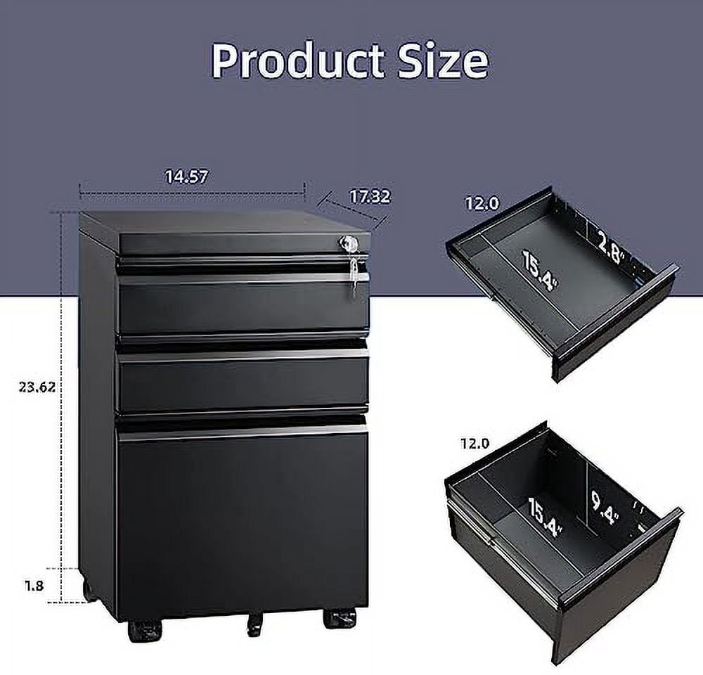Matte Black Mobile 3-Drawer Lockable Filing Cabinet