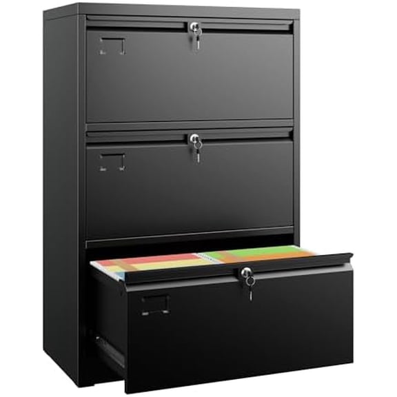 3 Drawer File Cabinet, Lateral Filing Cabinet with 3 Locks for Home Office, Black File Cabinets with Business Card Holder for Letter/Legal/F4/A4 Hanging Files$$Furniture