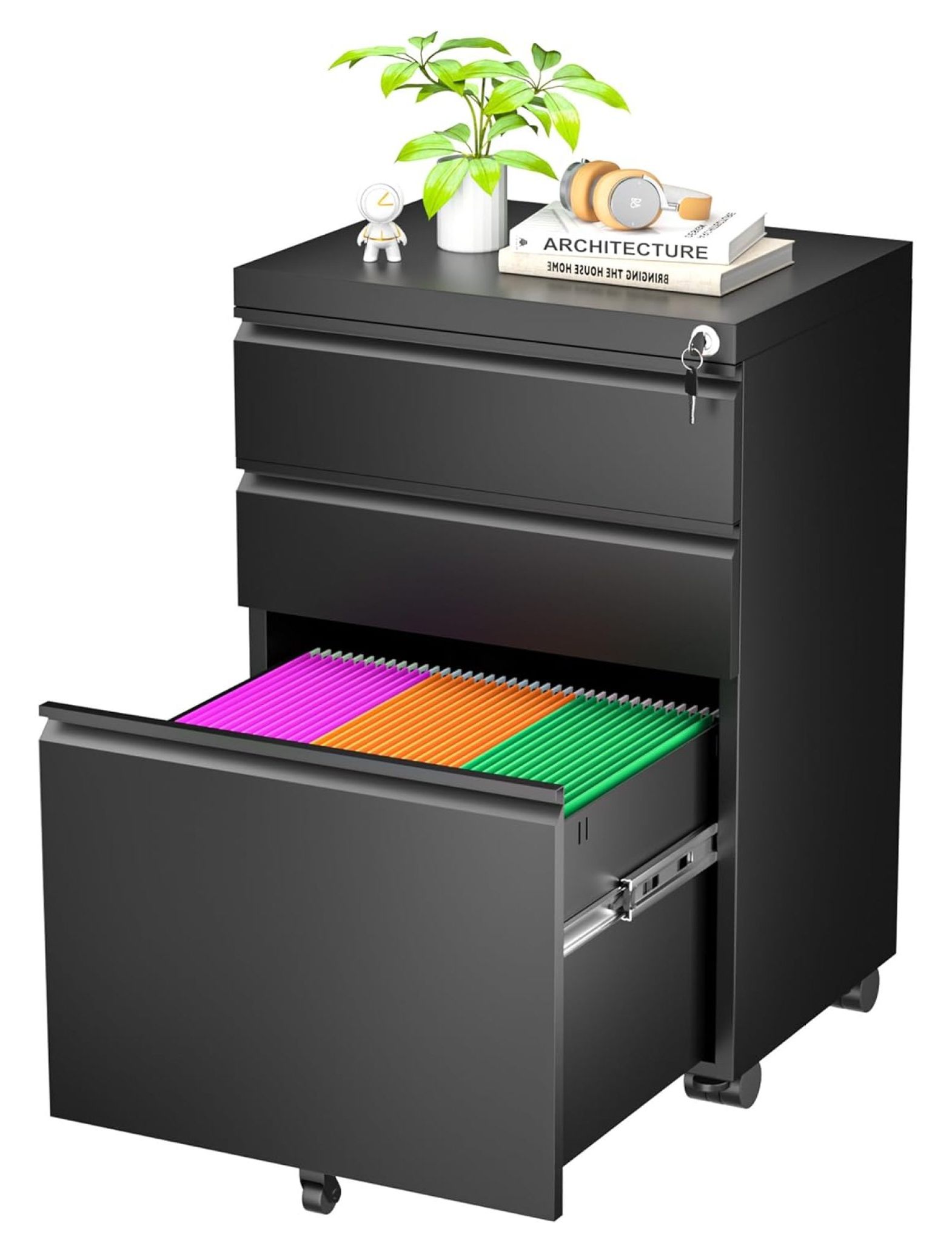 3 Drawer File with Lock, Black Filing on Wheels, Fully