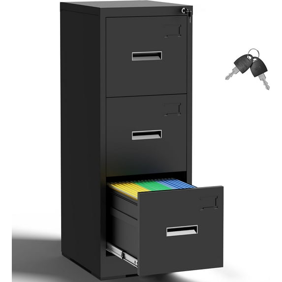 3 Drawer File Cabinet with Lock,Black Metal Filing Cabinets for Home Office,Vertical File Cabinet,Heavy Duty Metal Storage Cabinet for A4/Letter/Legal Size Files,Assembly Required