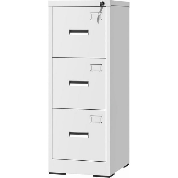 3 Drawer File Cabinet with Lock and Card Slot, Steel Vertical Filing Cabinets for Home Office, Small Metal File Cabinets for Hanging Legal Letter Size Files, Assembly Required(White)