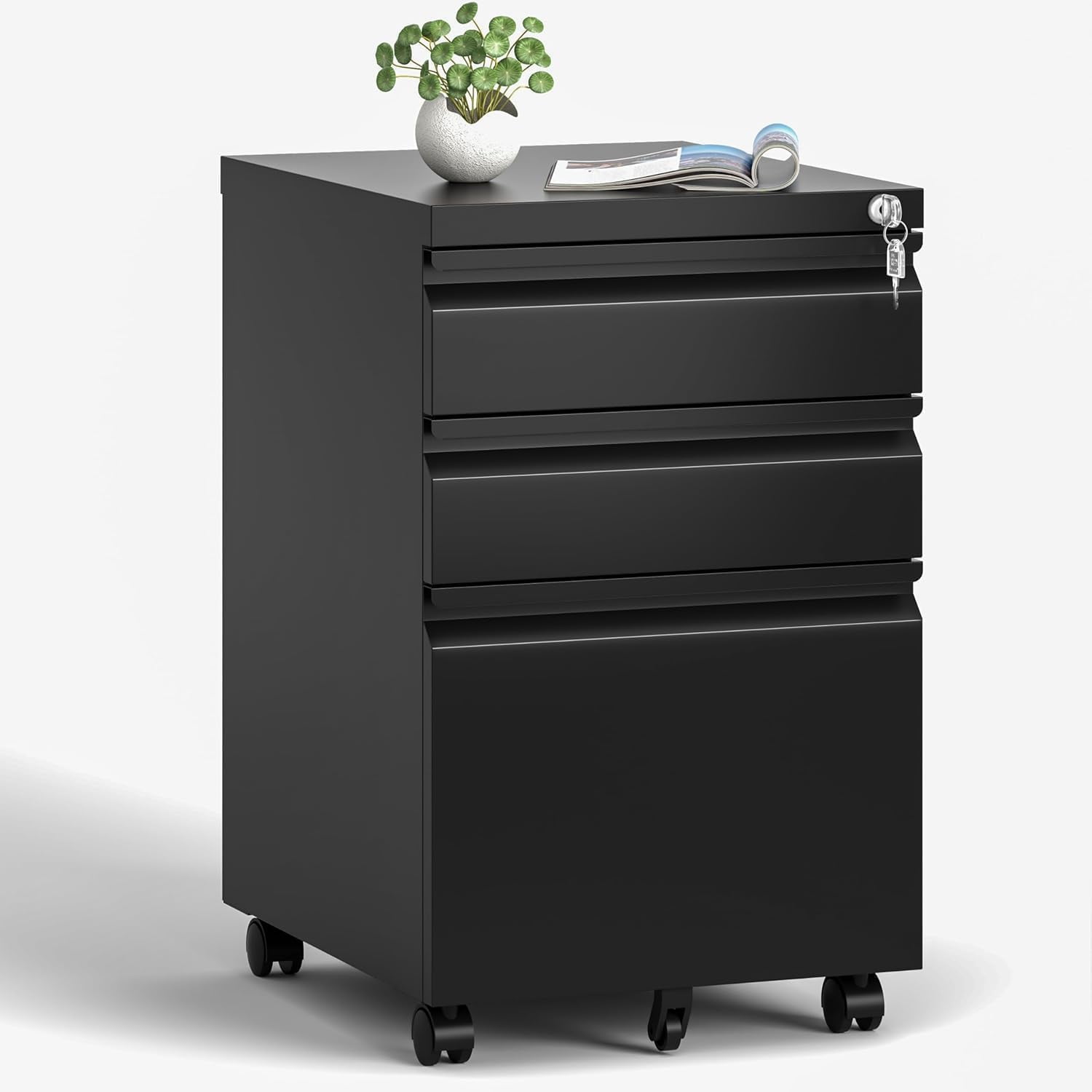 Matte Black 3-Drawer Lockable Mobile File Cabinet