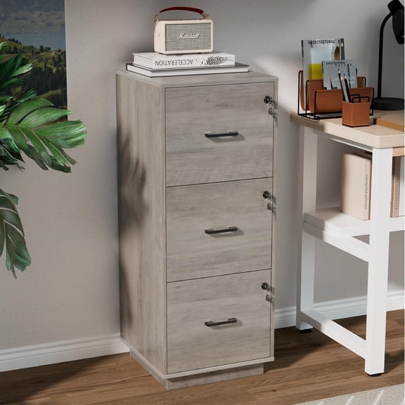 3 Drawer File Cabinet with Lock, Home Office Filing Organizer, for Letter Size File Folder Storage, Wood Tall Vertical Filing Cabinet, Printer Stand, Archivador (Rustic Gray)