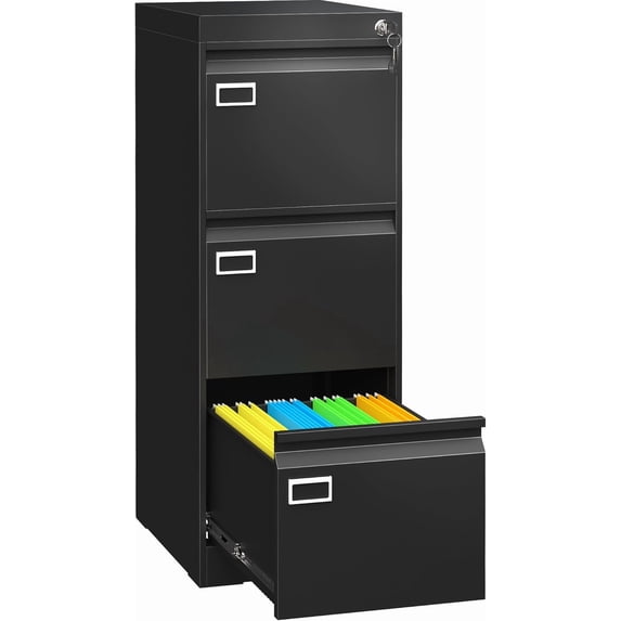 3 Drawer File Cabinet with Lock, Metal Vertical Filing Storage Cabinet, Black Filing Cabinets for Home Office, Narrow File Cabinet Locked for A4/F4/Letter/Legal, Easy Assemble
