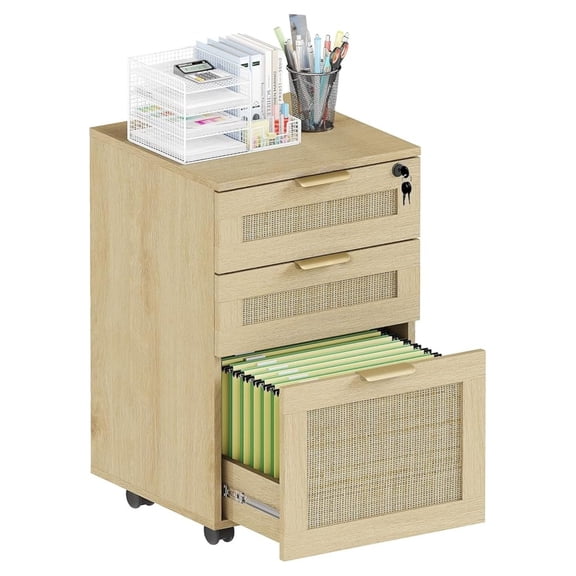 Rattan File Cabinet 3 Drawer, Locking Rolling Filing Cabinet for Home Office, Oak Wood File Cabinet with Wheels, A4/Letter/Legal Size, Under Desk Organizer