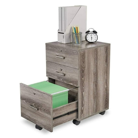 3 Drawer File Cabinet with Lock, Rolling File Cabinet Under Desk, Mobile File Cabinets for Home Office, Wood File Cabinet Printer Stand for Letter Size Filings, Gray