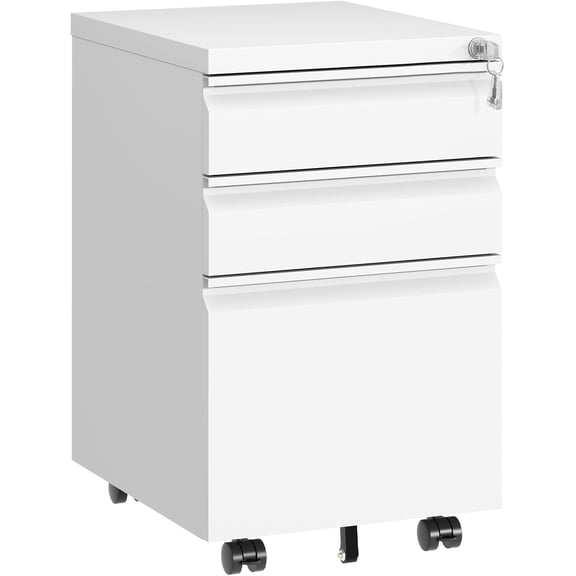 3 Drawer File Cabinet with Lock,Under Desk Filing Cabinet for Home Office Storage Letter/Legal/A4,Mobile Steel Cabinets with Wheels,Fully Assembled,White