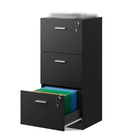 3 Drawer File Cabinet with Lock, Vertical Wood Filing Cabinet for Office Storage and Printer Stand, Secure Document Organization for Home Office, Black