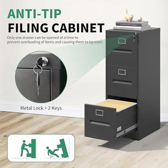 3 Drawer File Cabinet, Metal File Cabinet with Lock, Vertical File Cabinet for Home Office,Heavy Duty Metal Storage Cabinet for A4/Letter/Legal Size File,Assembly Required(Black)