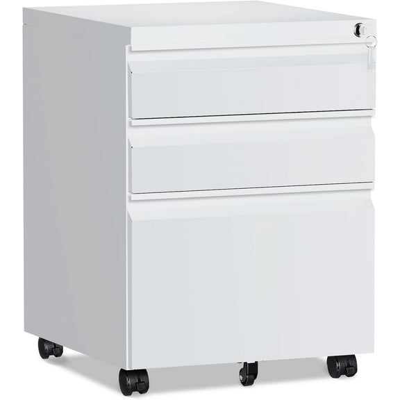 3 Drawer File Cabinet,Mobile Filing Cabinet with Lock and Wheels,Un-Assembled Metal Under Desk File Cabinets for A4/Letter/Legal Size(White