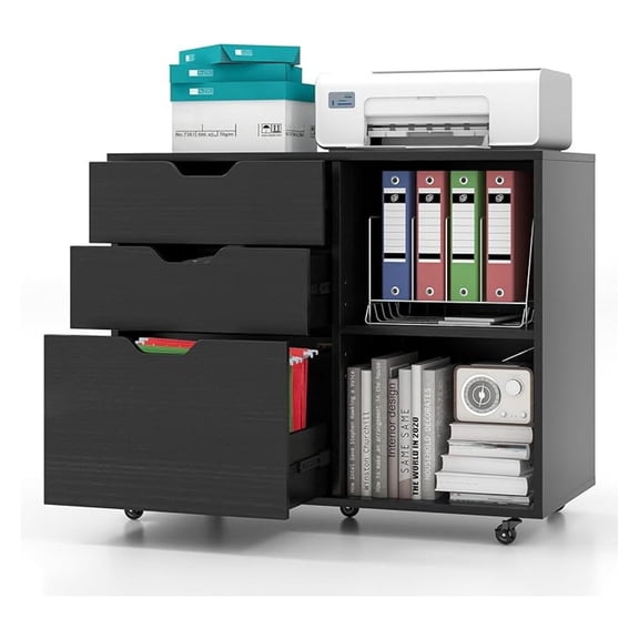 3-Drawer File Cabinet, Mobile Printer Stand with Adjustable Shelf, Rolling Lateral Filing Cabinet for Home Office - Black