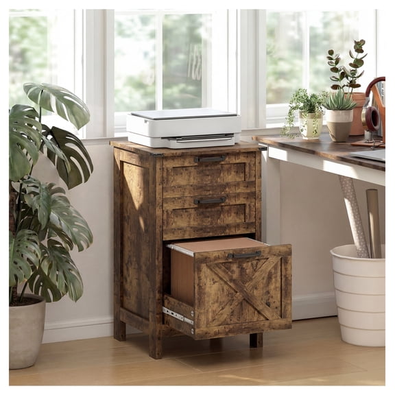 3-Drawer File Cabinet Rustic Farmhouse, A4 Letter Size Office Storage Cabinet, Rustic Brown
