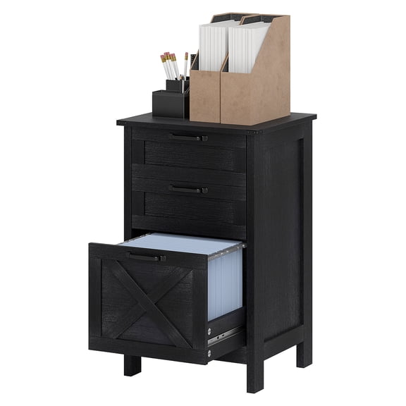 3-Drawer File Cabinet, Rustic Farmhouse Office Cabinet - A4/Letter Size - Distressed Black Wood & Metal
