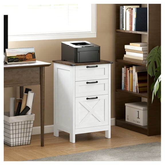 3-Drawer File Cabinet, Rustic Farmhouse Office Storage, Distressed White - A4/Letter Size