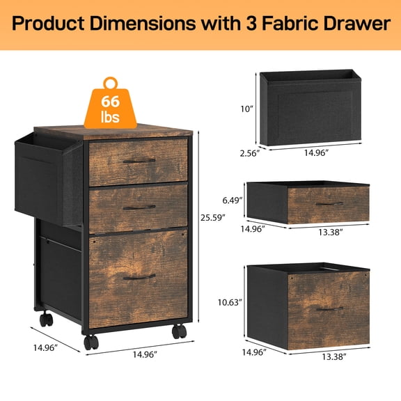 3 Drawer File Cabinet with Side Bag, Rolling File Cabinet Mobile Under Desk File Cabinet with Wheels, Fabric Drawers Printer Stand for Home Office, Fits Letter Size