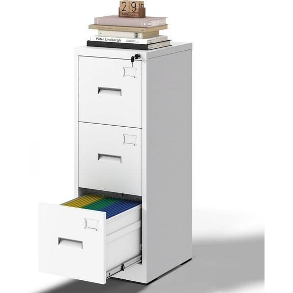 3 Drawer File Cabinet, Vertical File Cabinets with Lock for Home Office,Heavy Duty Office Steel Filing Cabinet for Hanging Letters/Legal/A4, Assembly Required (White)