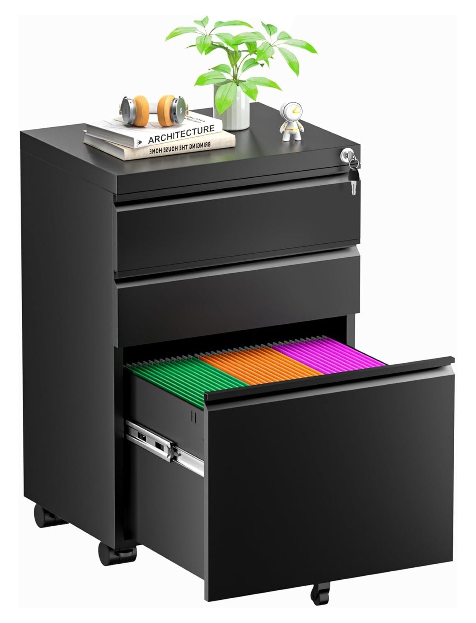 3 Drawer File on Wheels, Metal Locking Filing with Lock