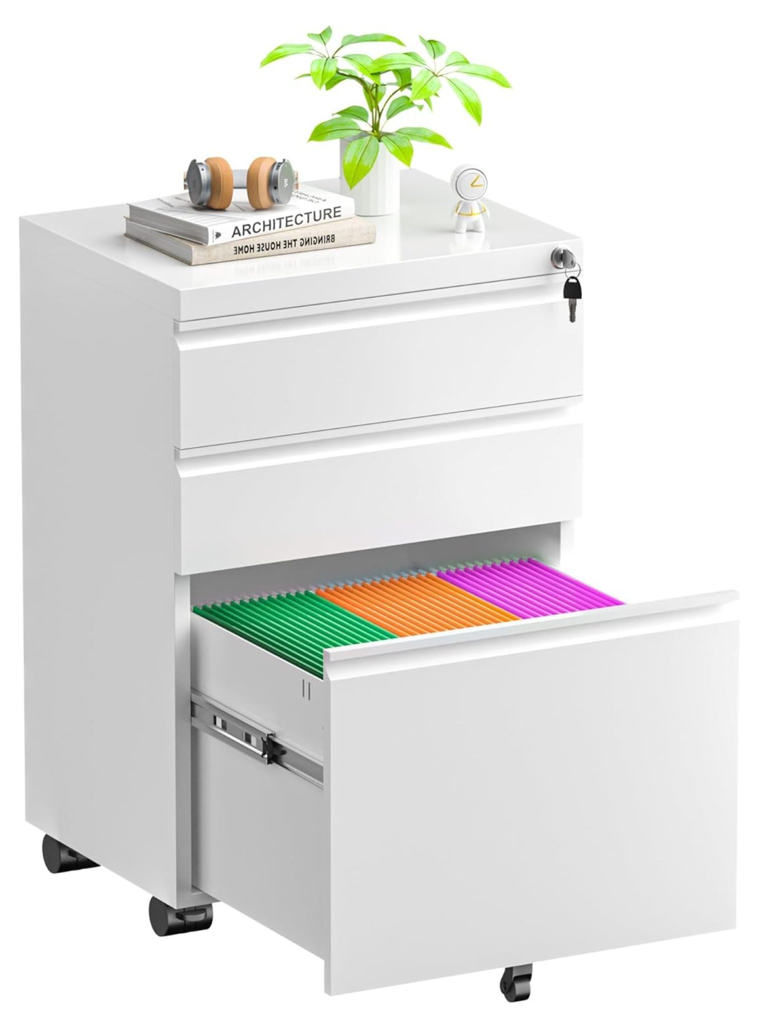 3 Drawer File on Wheels, Metal Locking Filing with Lock