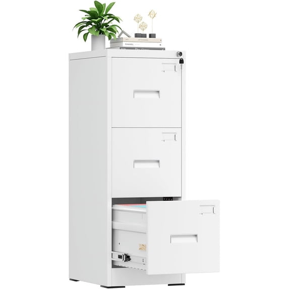 3 Drawer File Cabinet, White Metal Filing Cabinet with Lock, Locking Tall File Cabinets with 4 Adjustable Hanging Frame for Home Office, Name Tag