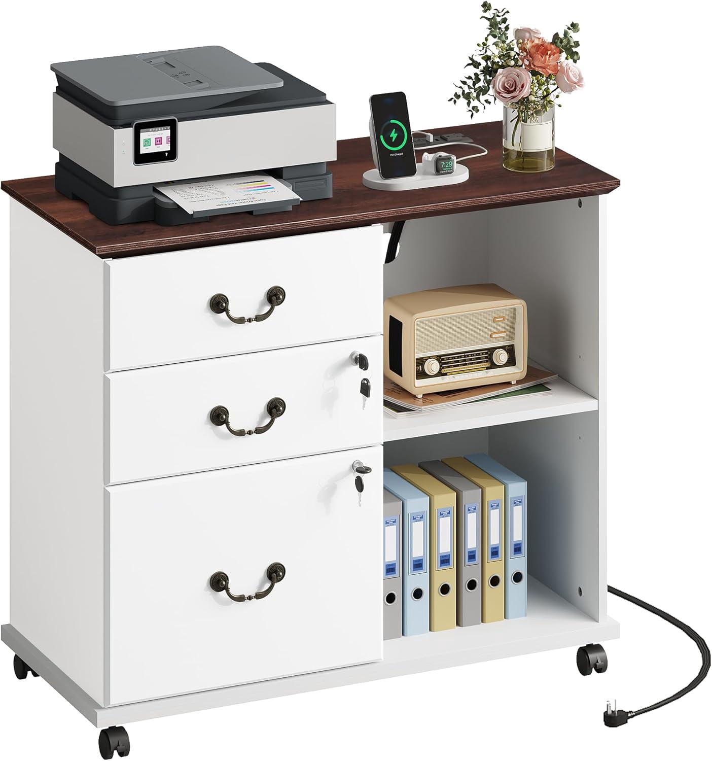 3 Drawer File Cabinet,Wood Lateral Filing Cabinet with Lock & Charging Station,Rolling Printer Stand with Storage for Home Office,White
