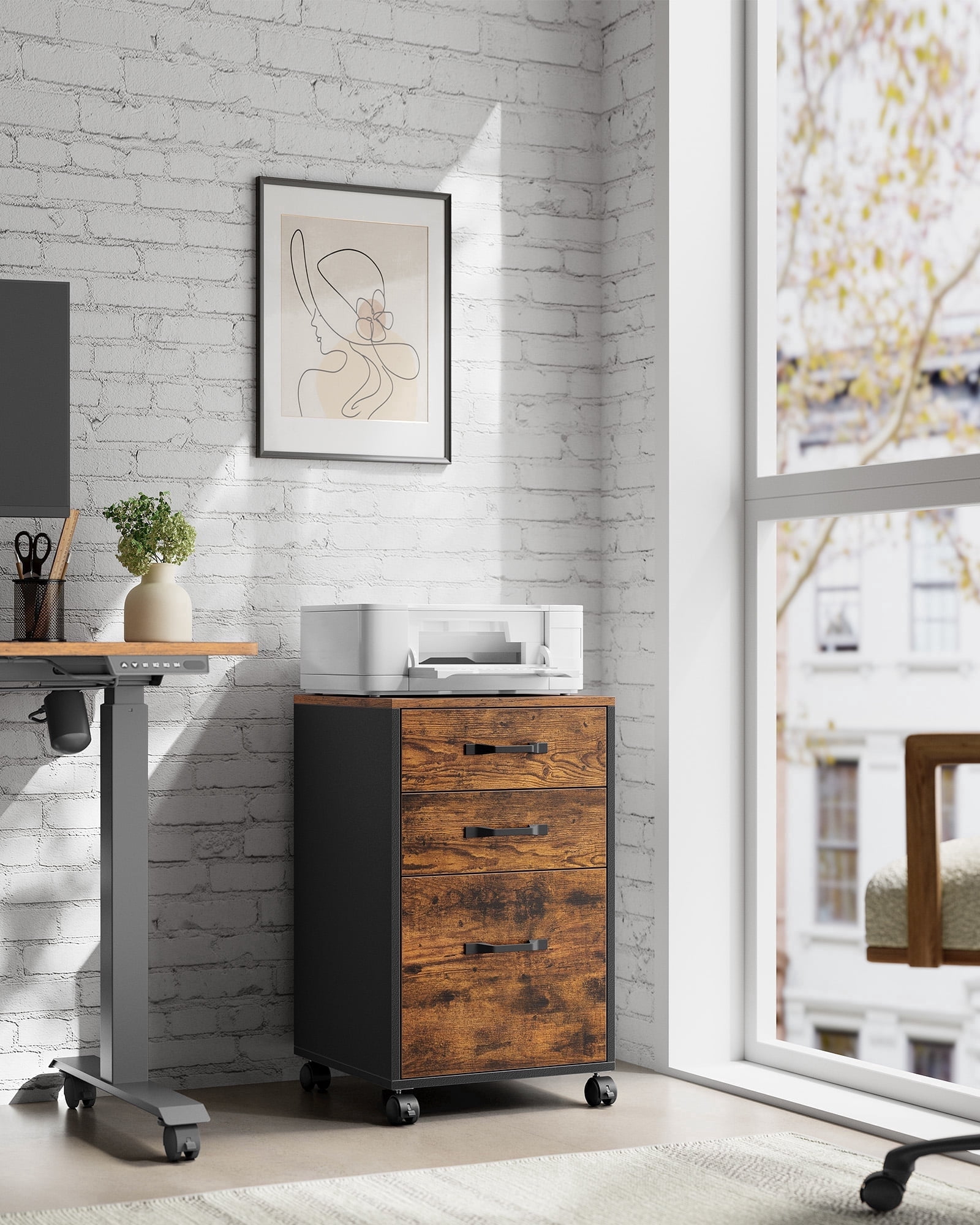 3 - Drawer File Cabinet for Home Office, Equipped with wheels,Suitable for A4 documents and hanging file folders,Rustic Brown and Ink Black