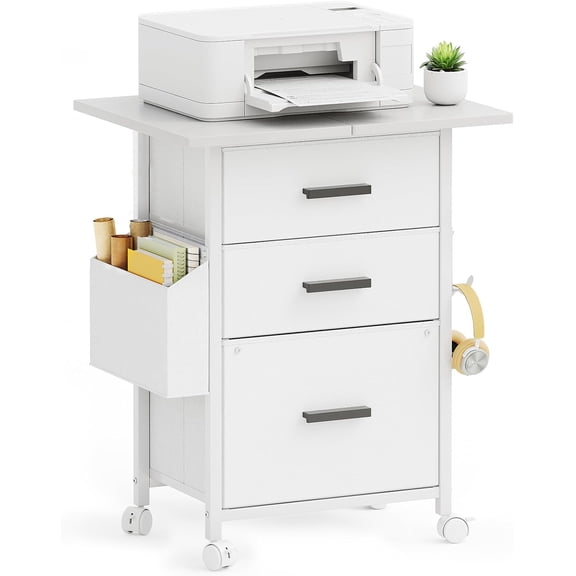 3-Drawer File Cabinet with 24-Inch Extended Desktop, Mobile Printer Stand, Fabric Drawers, A4-Compatible, White