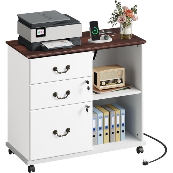 3 Drawer File Cabinet with Charging Station & Lock, Vintage Wood Filing Cabinets for Home Office, Mobile Printer Stand for Office Storage,White