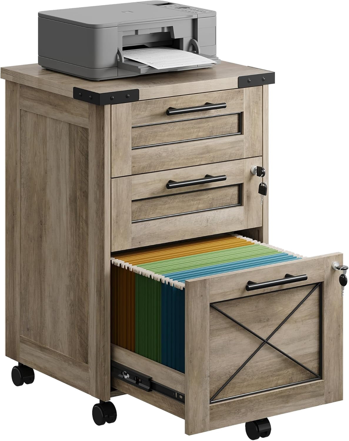 3-Drawer File Cabinet with Hanging Files, Mobile Rolling Storage Cabinet for Home Office, Printer Stand, Farmhouse Style, Gray
