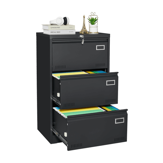 3 Drawer File Cabinet with Lock,Metal Filing Cabinet Lateral File Cabinet Office Cabinet for Legal/Letter/A4/F4 Home Office,Black