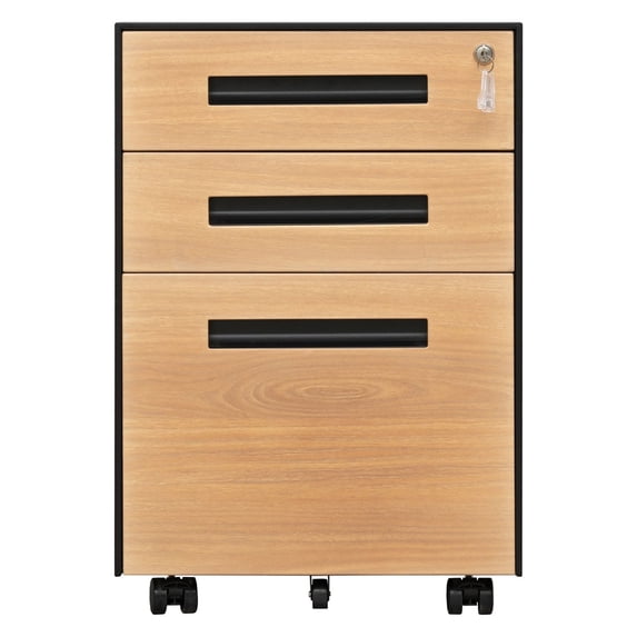 3 Drawer File Cabinet with Lock Mobile Metal Office Storage Filing Cabinet Pre-Assembled for A4, Letters, and Legal Documents, Walnut and Black
