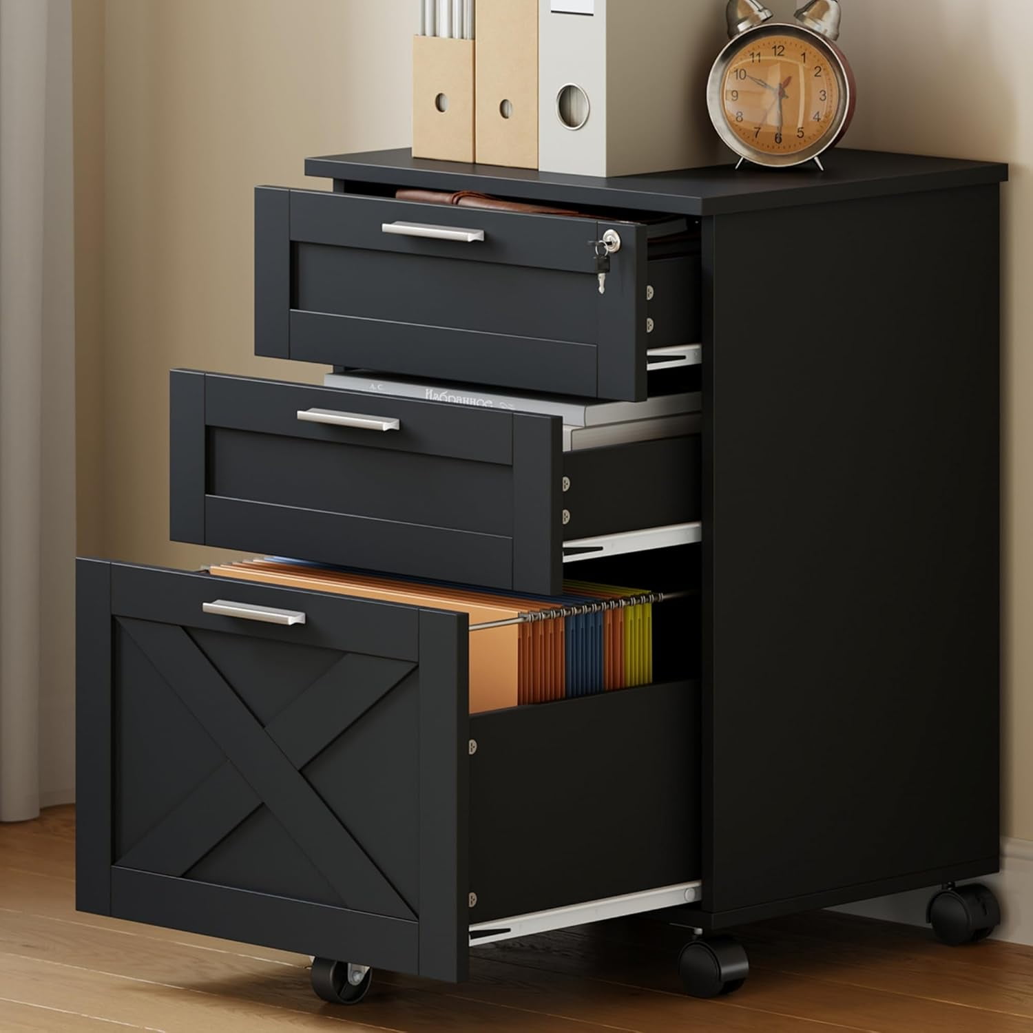 3-Drawer File Cabinet with Lock, Mobile Under Desk Filing Cabinet for Home Office, Wood Storage Organizer for Letter/a4/Legal Size Documents, Black