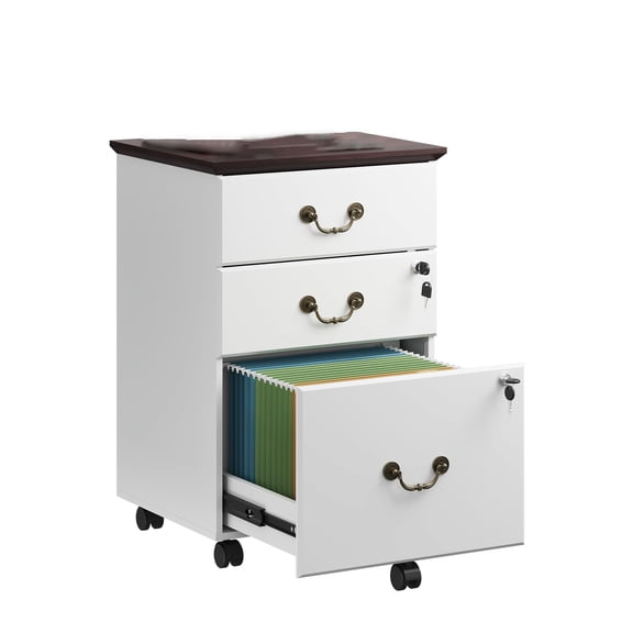 3 Drawer File Cabinet with Lock, Mobile Wood Filing Cabinet for Under Desk Storage, Rolling Printer Stand for Home Office Storage, White