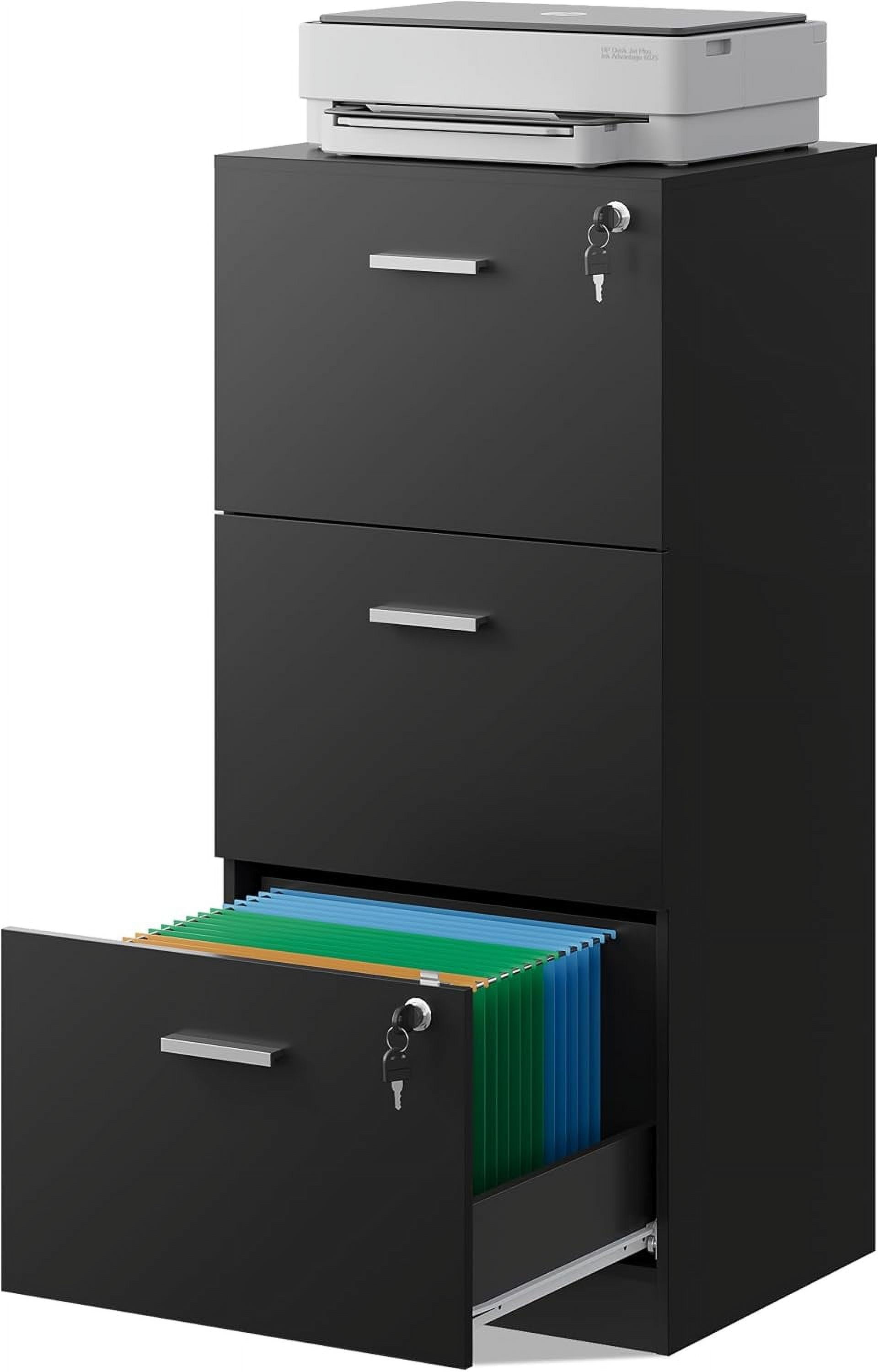 3 Drawer File Cabinet with Lock, Vertical Wood Filing Cabinet for Home Office, Printer Stand for Letter and A4 Size, Black