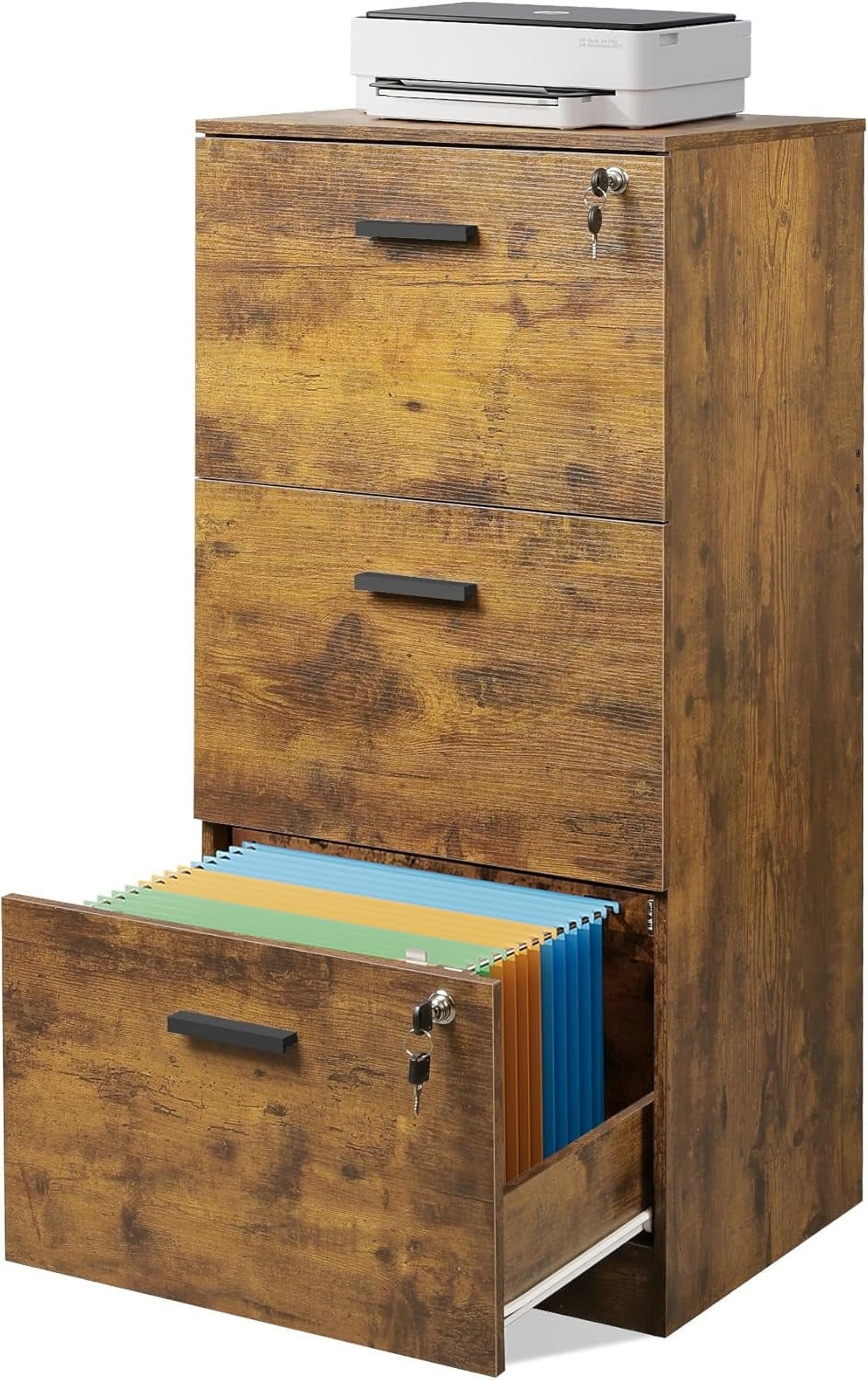 3 Drawer File Cabinet with Lock, Vertical Wood Filing Cabinet for Home Office, Printer Stand for Letter and A4 Size, Rustic Brown