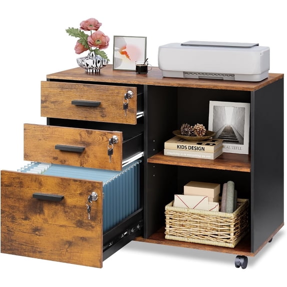 3-Drawer File Cabinet with Lock for Office Use, Solid Wood Construction ...